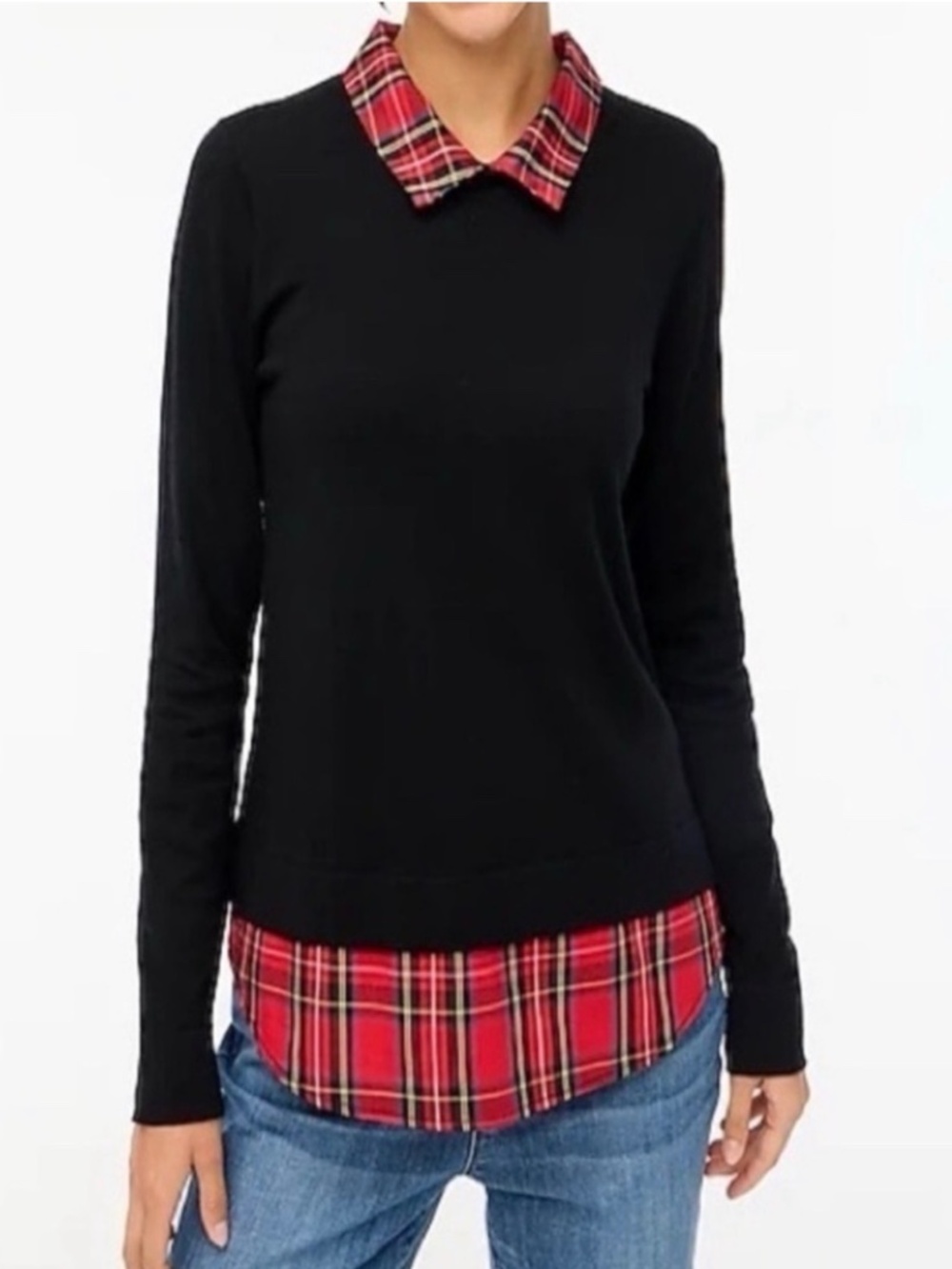 NWT J.Crew Black Sweater with Red Plaid Woven Collar Women's Size Small